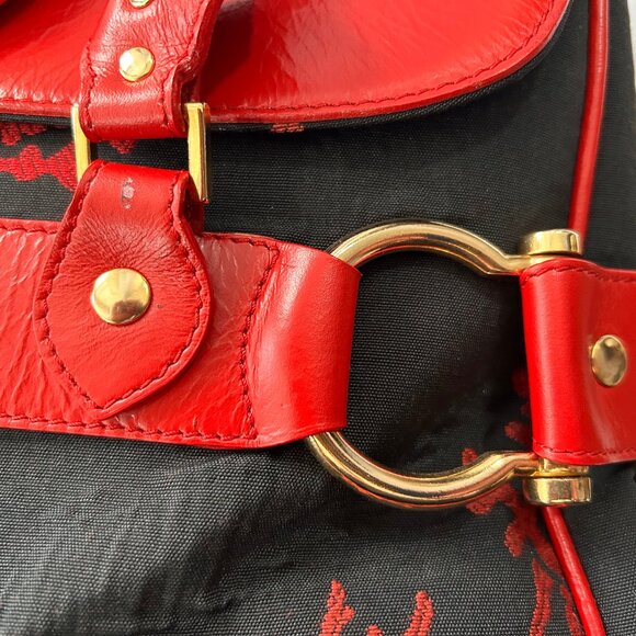 Le Duchesse Made-in-Italy Red Leather & Black Jacquard Tapestry Satchel. - Picture 3 of 14